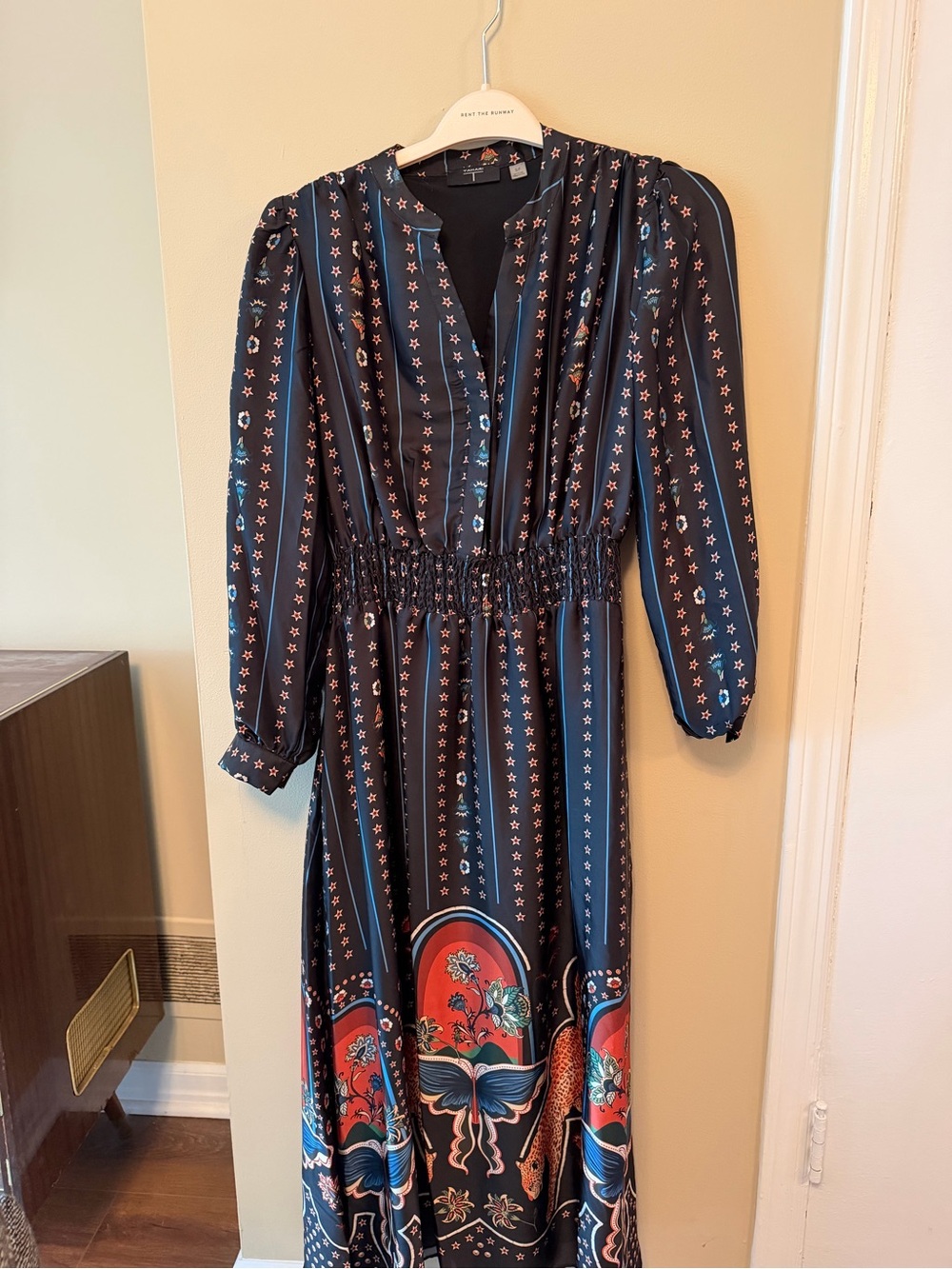 Tahari Black Maxi Dress with Red Floral Hem and Blue Accents